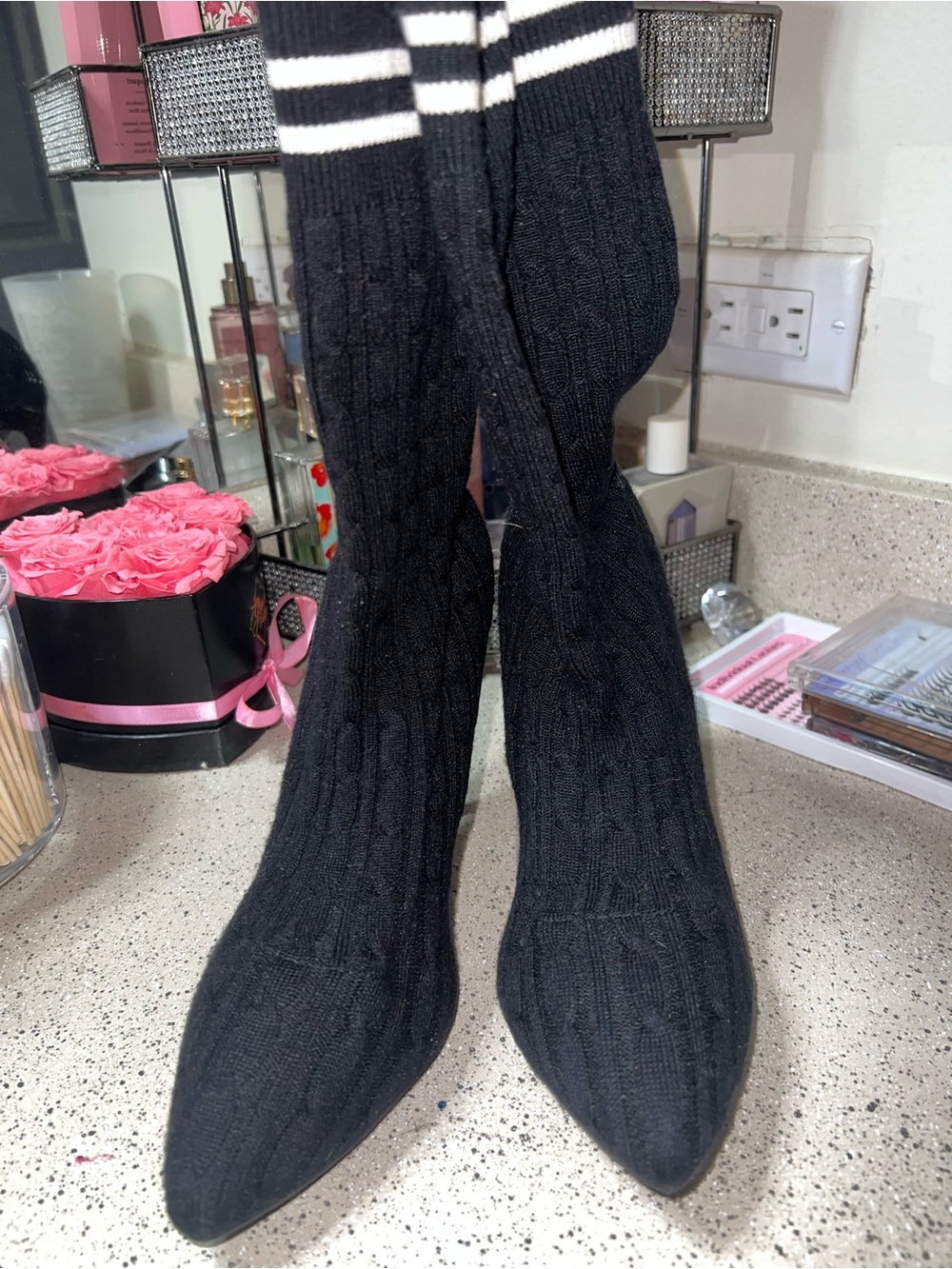 Black Cable-Knit Knee-High Socks with White Stripe